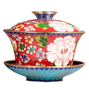 景泰蓝花丝盖碗 古法手工茶碗茶具茶杯 铜胎珐琅客厅家居装饰摆件