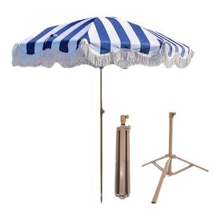 户外花园棉质流苏花边伞海军蓝条纹沙滩遮阳伞高档休闲防晒庭院伞
