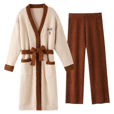 睡衣女士冬季半边绒睡袍三件套