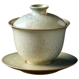 陶泥白黄结晶松针三才盖碗景德镇纯手工复古窑变陶瓷茶具泡茶碗大