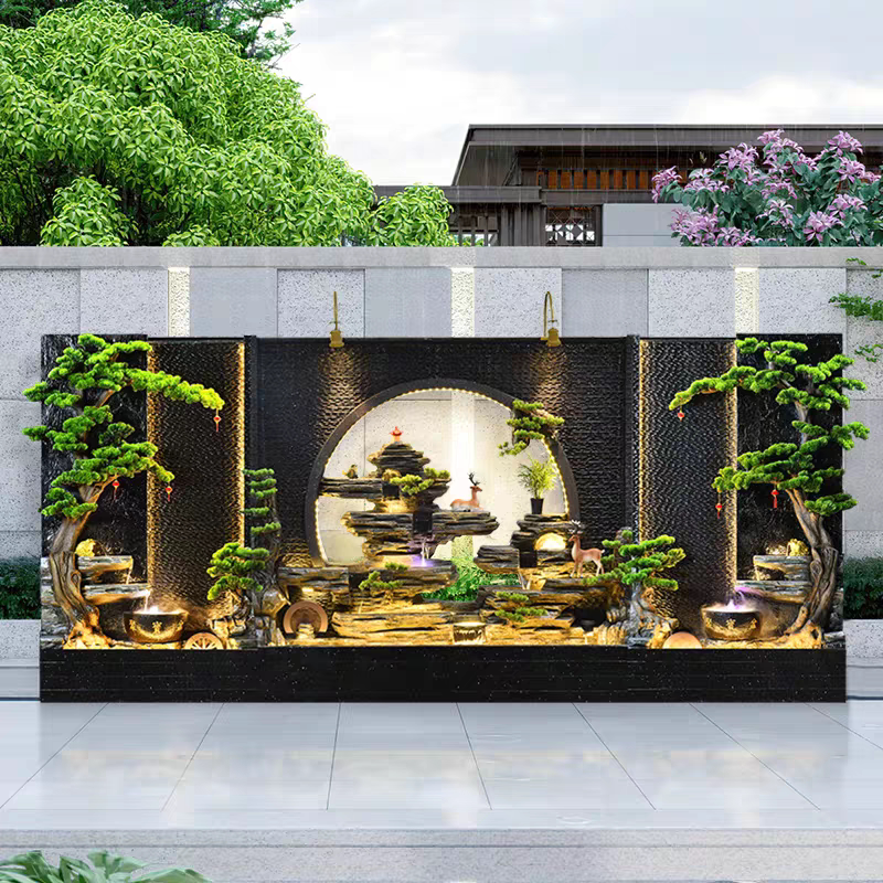 大型水幕墙循环水喷泉客厅酒店别墅景观假山流水屏风招财落地摆件