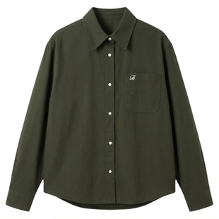 复古老钱风亚麻贝壳扣刺绣军绿色衬衫女秋季宽松休闲法式衬衣外套