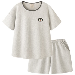 睡衣女款A类纯棉短袖短裤夏季女士家居服新款套头企鹅大码套装