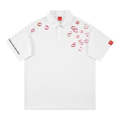 查尔斯桃心 美式唇印印花短袖Polo衫男夏季宽松潮牌翻领白色上衣