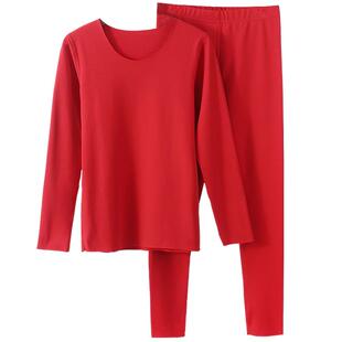 双面德绒保暖内衣套装女士大红磨毛加绒低领无痕本命年高腰秋衣裤