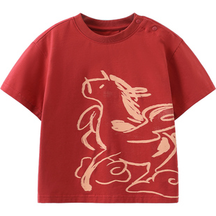 [骏马福裳抗菌]齐齐熊宝宝t恤短袖新年男童打底衫年服拜年服红色