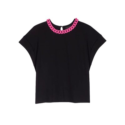 大码胖MM粉色链条装饰飞袖T恤