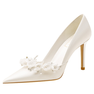 rosecastle秘密花语白色法式婚鞋女日常婚礼两穿不累脚细跟高跟鞋