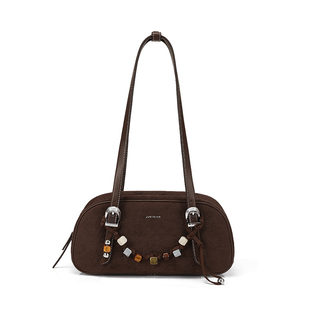 欧时纳青藤法棍包2026新款单肩腋下女包棕色麂皮包波士顿保龄球包