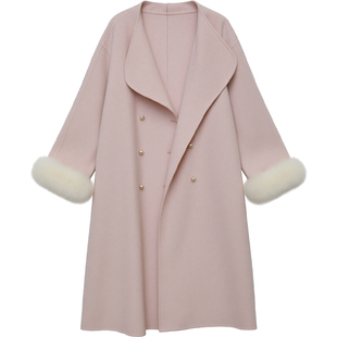 DM100大码百分百女装微胖mm温柔大气宽松狐狸毛圈双面呢羊毛大衣