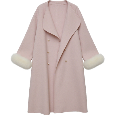 DM100大码百分百女装微胖mm温柔大气宽松狐狸毛圈双面呢羊毛大衣