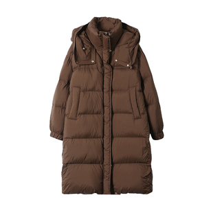 【特】 温暖不厚重 保暖白鸭绒拼皮边宽松连帽立领中长款羽绒服女