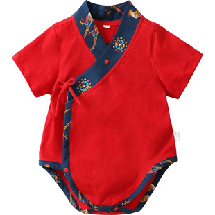 龙喜年婴儿周岁礼服女宝红色中式包庇连体满月抓周百日宴冠衣服夏