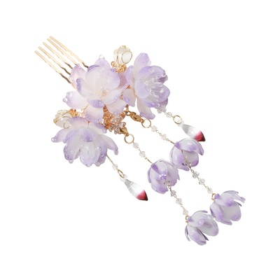 紫色夹竹桃热缩发簪步摇流苏汉服