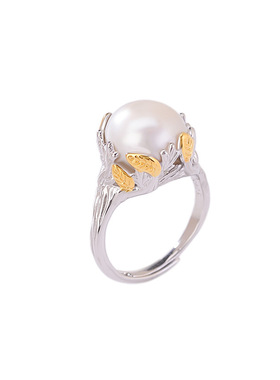 山予棠S925纯银镀金淡水珍珠复古轻奢叶子圆珠戒指气质百搭银指环