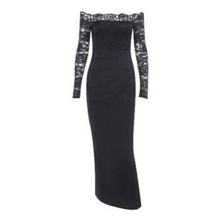 instunning复古黑色一字肩礼服裙子秋御姐绝美蕾丝生日宴会长裙子