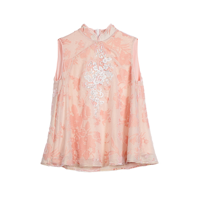 春夏新中式国风粉色烧花旗袍套装