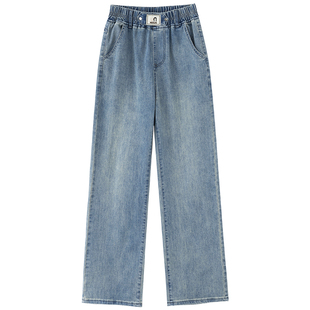 秋冬季加绒直筒牛仔裤女初高中学生松紧腰宽松百搭高腰显瘦阔腿裤