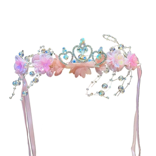 儿童超仙发饰皇冠花环发箍女童编发神器森系公主簪花长飘带头饰
