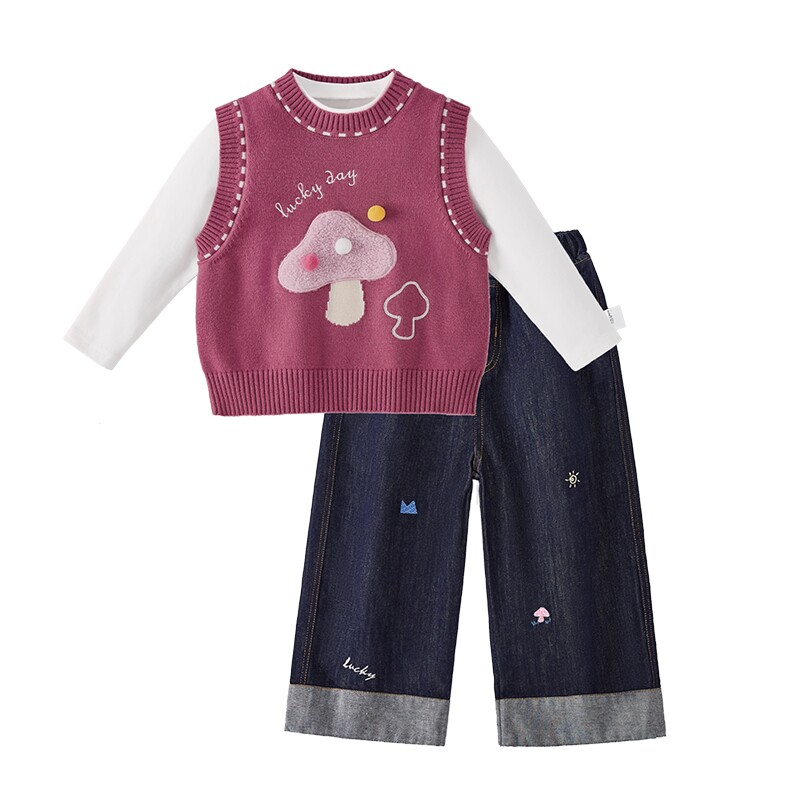 jellybaby女童三件套2026新款小童毛衣儿童马甲牛仔裤女宝宝套装