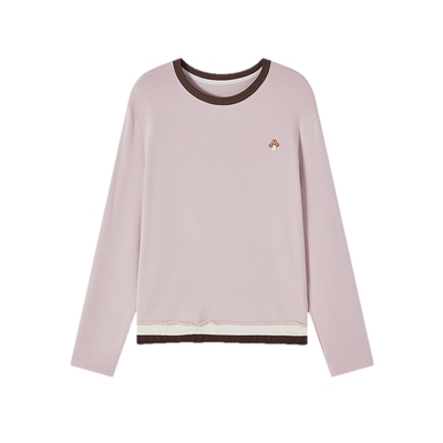 飞鸟和新酒拼接圆领撞色长袖T恤女2025冬季新款粉色内搭套头上衣