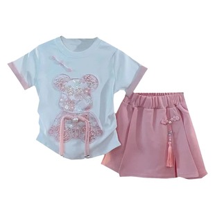 女童套装夏季2025新款洋气韩版宝宝套裙卡通短袖上衣裙裤两件套