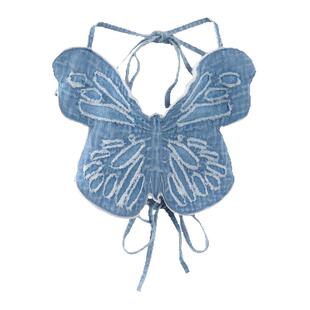 twice林娜琏pop同款蝴蝶牛仔吊带背心女团风爵士舞蓝色打歌上衣服