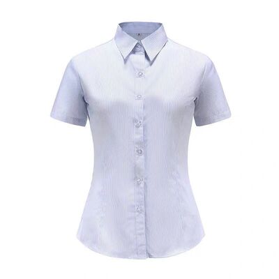 蓝色条纹短袖方领银行大码职业装