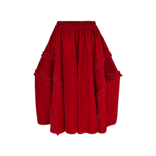 Narratorgirls圣诞红丝绒黑丝绒木耳边花苞半身裙蓬蓬裙长裙冬
