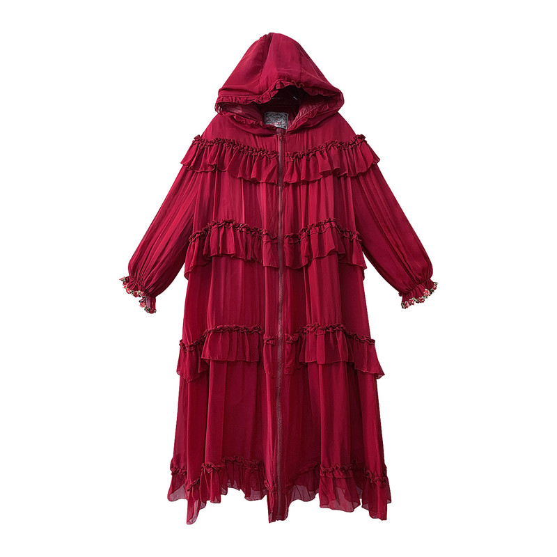 桑蚕丝棉服女复古红色连帽高端轻奢荷叶边中长款轻薄保暖棉衣外套