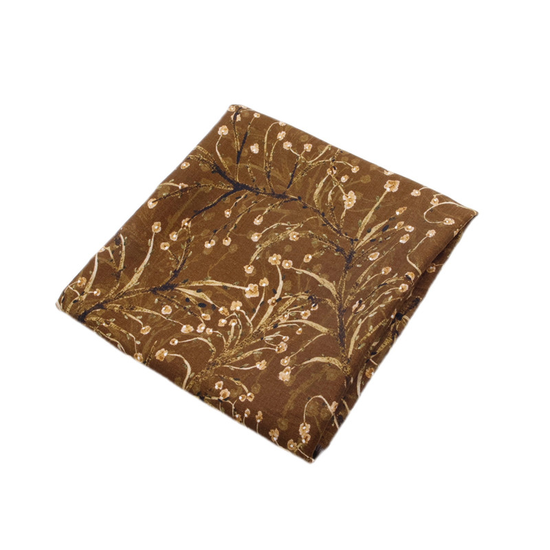 垂感不透 棕色新中式梨花印花棉麻亚麻天丝面料连衣裙旗袍布料DIY