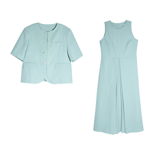 天青色小香风短外套连衣裙女夏季小个子洋气质高级感两件裙套装女