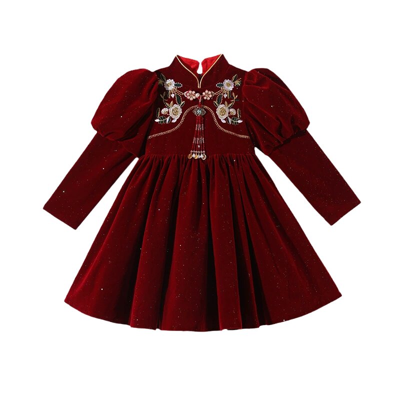 女童旗袍连衣裙秋冬加绒新年衣服
