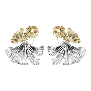 欧美风气质银杏叶耳饰双拼色耳夹无耳洞女耳环个性夸张小众耳坠