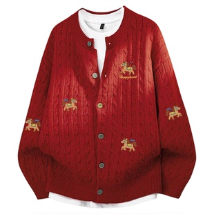 查尔斯桃心马年本命红色情侣冬季卡通印花麻花纹理针织开衫毛衣男