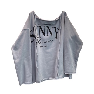 慵懒风美式字母印花露肩绑带卫衣女复古毛边宽松长袖休闲显瘦上衣