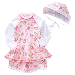 新款女童泳衣分体长袖公主宝泳帽三件套中小童海边防晒泳装