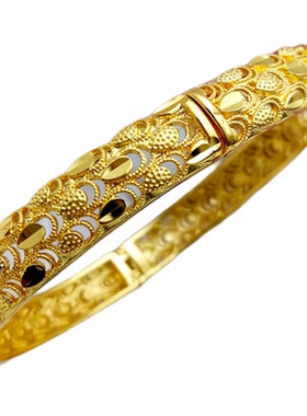 新款凤尾鳞片卡扣开口手镯镂空越南沙金轻奢手镯黄色网红凤羽手镯