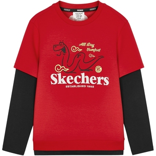 Skechers斯凯奇新年童装男童针织套头卫衣春夏蛇年红色假两件上衣
