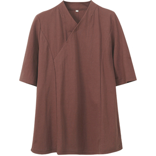 亚麻复古新中式衬衫女春夏2026新款天丝国风V领T恤打底衫短袖上衣