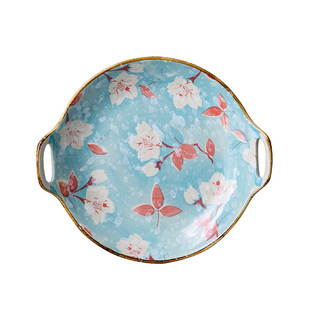 创意日式复古陶瓷碗盘碟子单个组合餐具乔迁新居盘子双耳圆盘菜盘