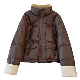 美拉德棕咖色拼接PU皮短款立领羽绒服女士2025冬季新款高级感外套