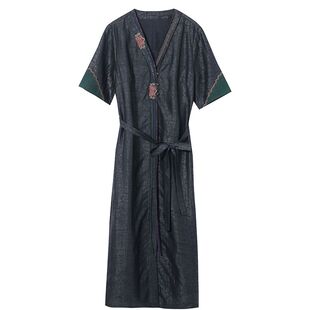 高端真丝女装名牌正品2025新款小翻领短袖妈妈桑蚕丝香云纱连衣裙