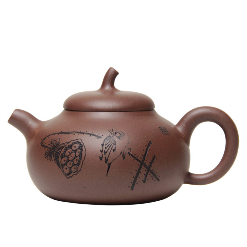 原矿紫泥茄段壶刻绘荷鸟小品茶壶