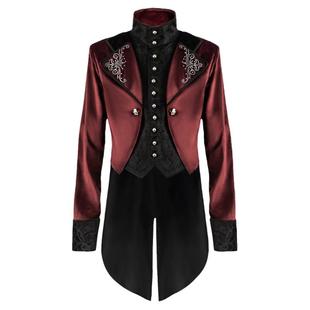 英伦宫廷燕尾服中长款假两件西装男丝光绒面高领刺绣提花演出礼服