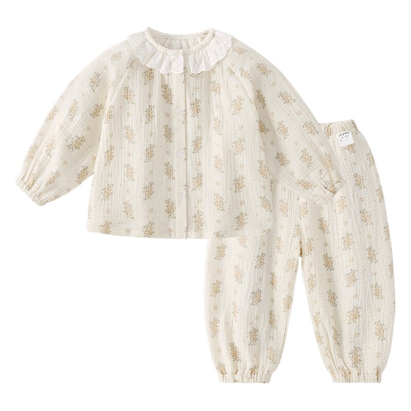 [100%棉]女童家居服纯棉小童娃娃领碎花儿童束脚裤薄款宝宝衣服女