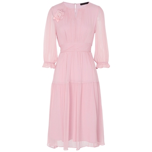 马天奴女装春夏新款粉色桑蚕丝连衣裙收腰长裙长袖气质超好看裙子