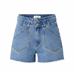 香港代购Frame Denim高腰双扣毛边显瘦腿长女士浅蓝色牛仔短裤
