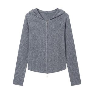 KBNE羊毛灰色针织衫长袖连帽开衫春秋新款气质毛衣慵懒宽松上衣女