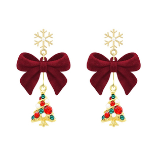原创镶钻圣诞树耳饰女红色蝴蝶结高级耳钉耳环耳夹圣诞节送闺蜜